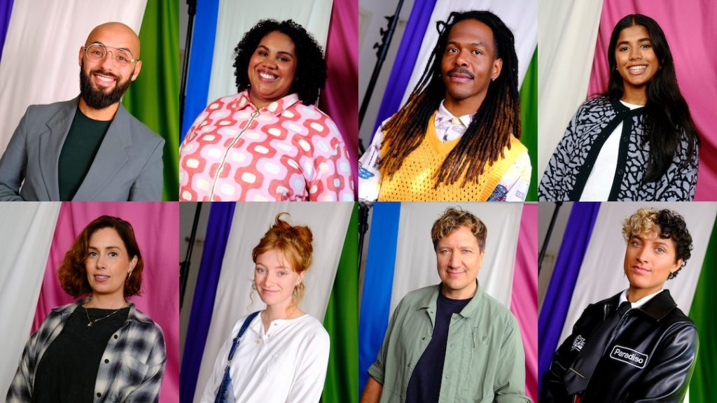 Een afbeelding met portretfoto's van alle ambassadeurs. Van linksboven naar rechtsonder: Karim, Isabelle, Jeangu, India, Hedy, Froukje, Klaas en Babs.